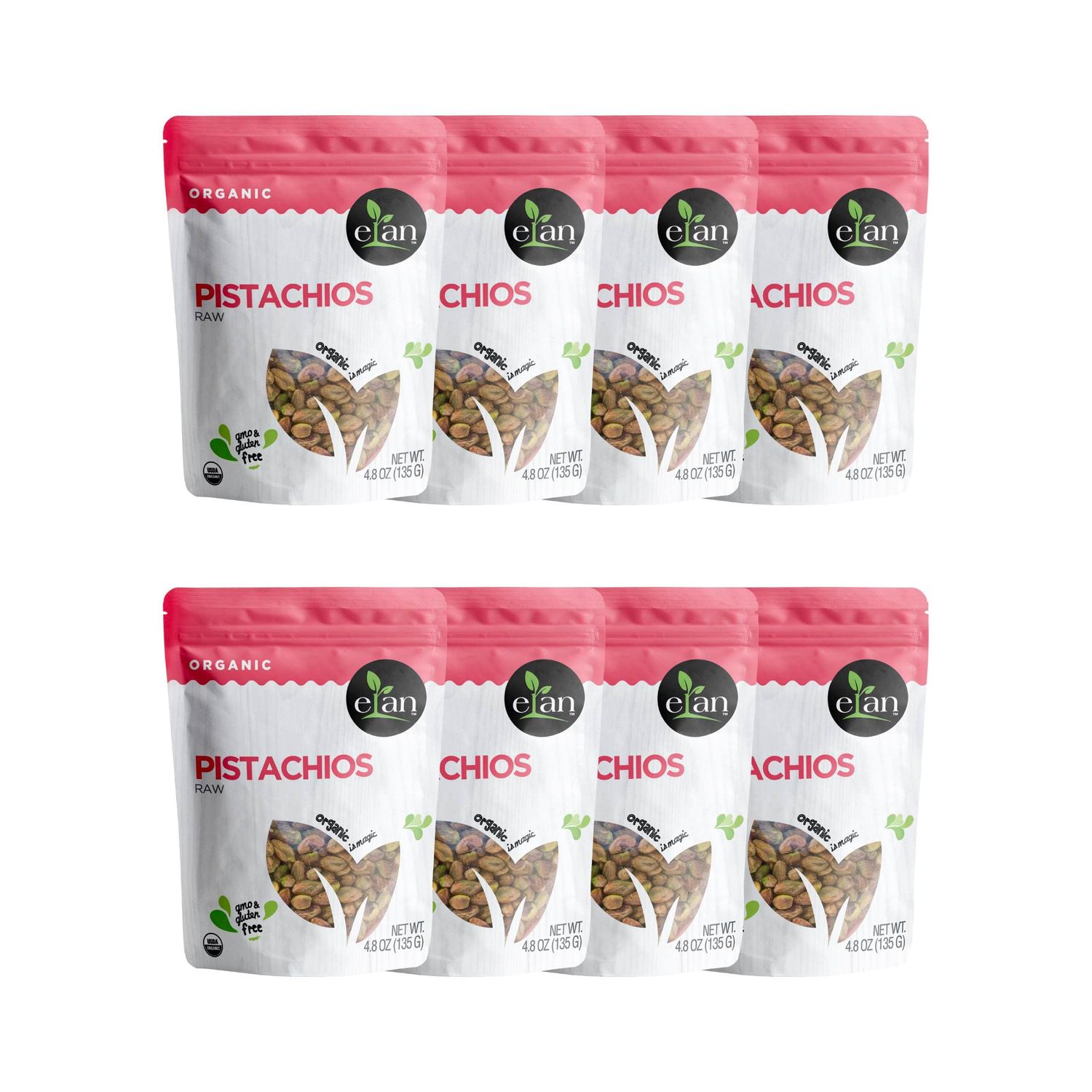 Elan Organic Raw Pistachios, Unsalted Kernels, No Shell,Pistachio Nuts, Non-GMO, Vegan, Gluten-Free, Kosher, Healthy Snacks, 8 pack of 4.8 oz