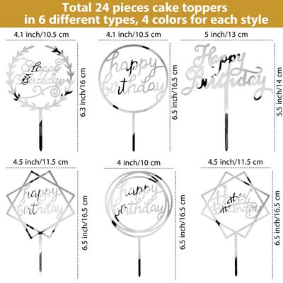 24 Pieces Acrylic Happy Birthday Cake Topper Glitter Birthday Cupcake Topper Pick for Birthday Party Cake Desserts Pastries Decorations, 6 Styles, 4 Colors (Classic Style)