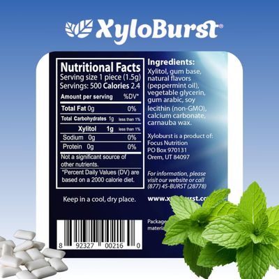 XyloBurst Gum | Xylitol Chewing Gum | Sugar Free, Gluten Free, Keto Friendly | Aspartame Free Gum For Oral Health | Peppermint Gum | 500-Count Bag