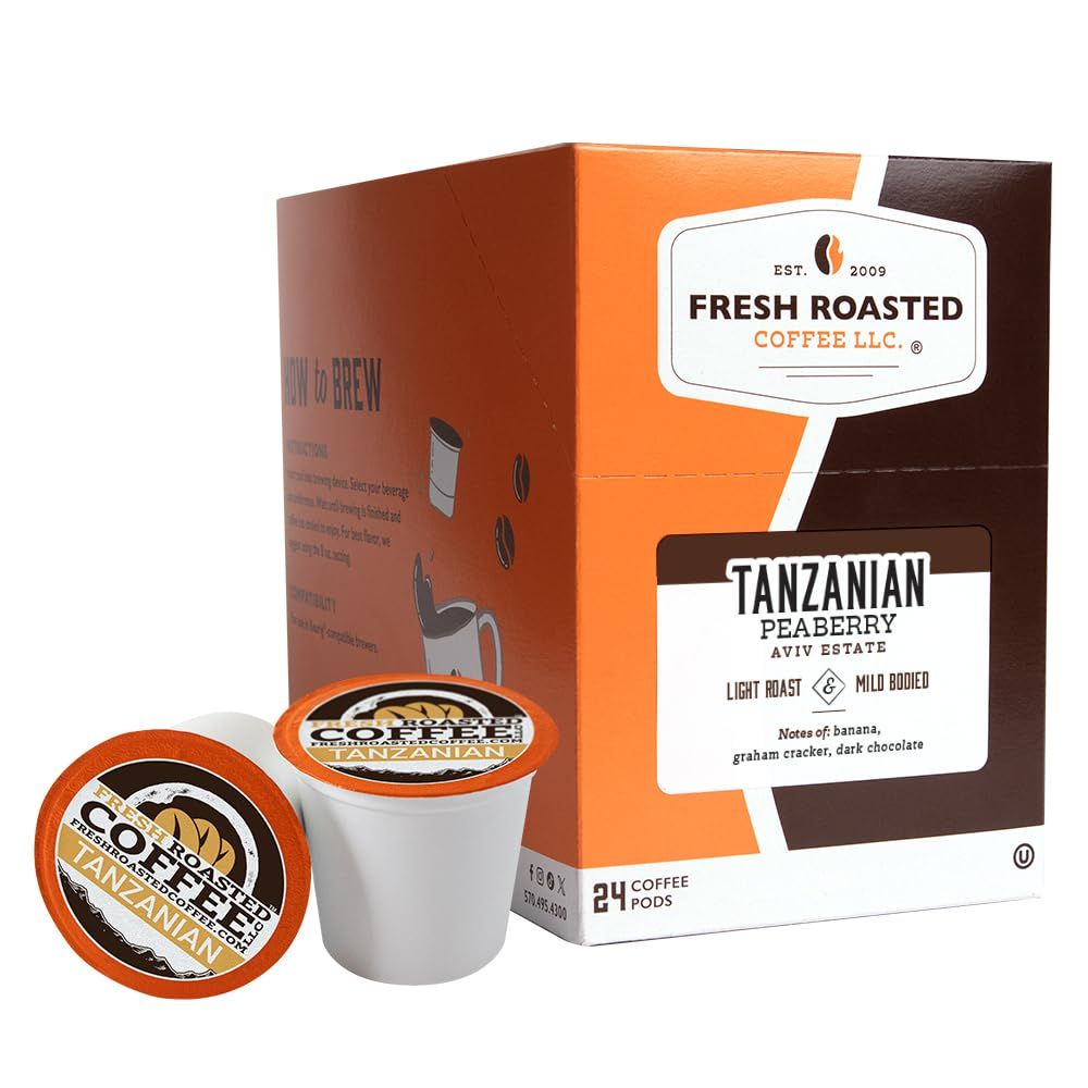 Fresh Roasted Coffee, Tanzanian Peaberry, Light Roast, 24 Pods for K Cup Brewers