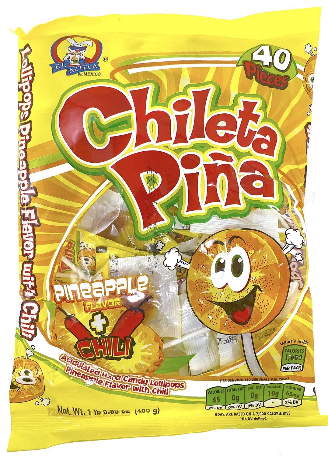 El Azteca Chileta Pina, Chile Pineapple Lollipops, Bag of 40