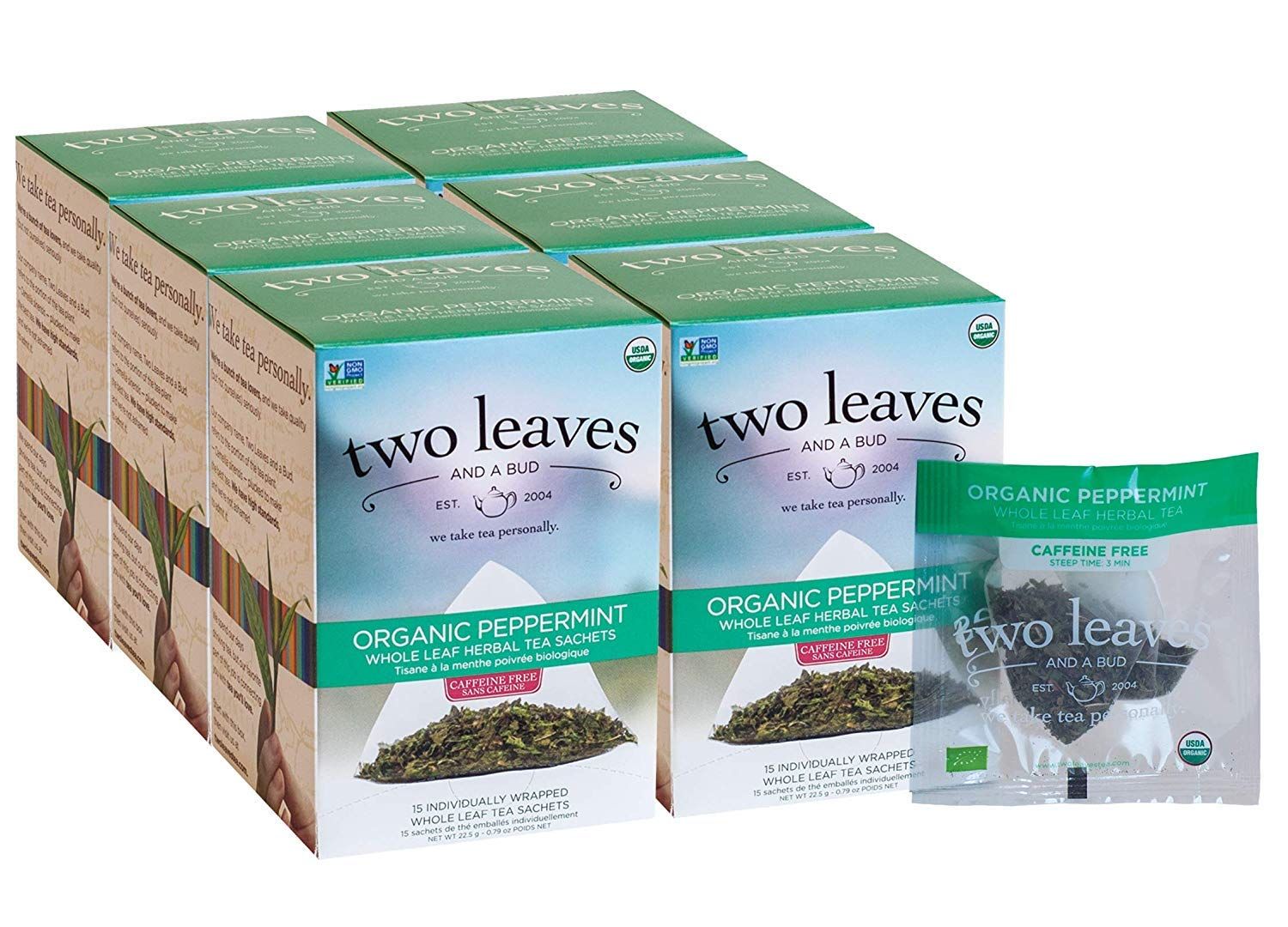 Two Leaves and a Bud Organic Peppermint Tea Bags, Naturally Caffeine Free, Herbal Whole Leaf Peppermint Tea, 15 Count (Pack of 6)