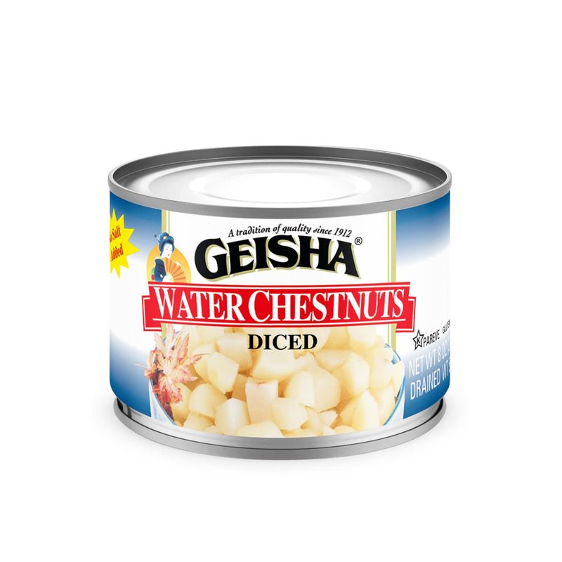 GEISHA Water Chestnuts Diced 8OZ. (Pack of 12), Water Chestnuts | Kosher Certified  No Salt &amp; Sugar added  Gluten FreeLess than 100 Calories per Container