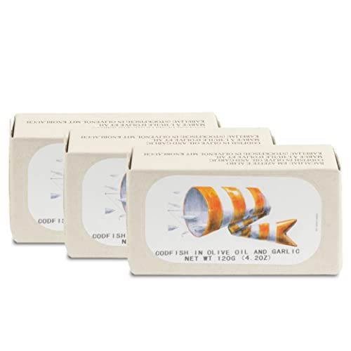 Codfish in Olive Oil and Garlic by Jose Gourmet, Wild Caught Portuguese Codfish, Canned Cod in Olive Oil, Omega 3, Fair Trade, 125g Can, Pack of 3