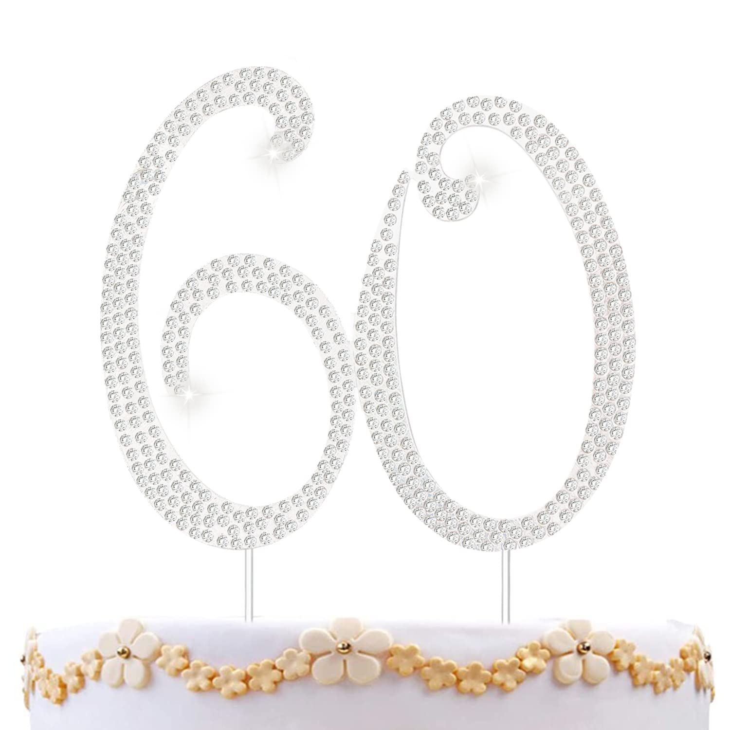 60th Birthday Decorations Women 60 Cake Topper 60th Birthday Cake Topper Silver Rhinestone Diamond Bling Anniversary Wedding Cake Decoration Perfect Keepsake, Silver