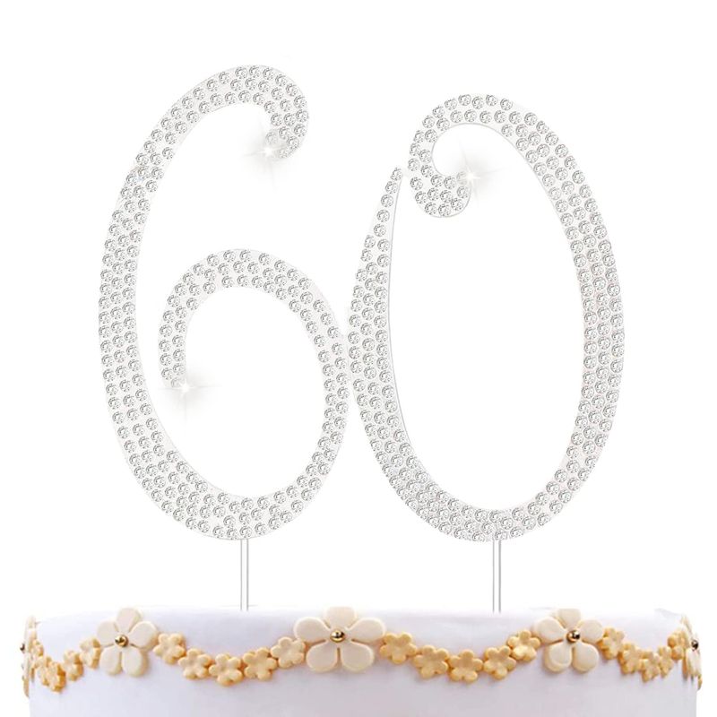 60th Birthday Decorations Women 60 Cake Topper 60th Birthday Cake Topper Silver Rhinestone Diamond Bling Anniversary Wedding Cake Decoration Perfect Keepsake, Silver