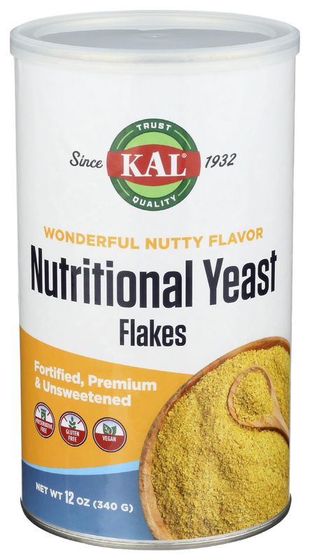 KAL Nutritional Yeast Flakes, Fortified with B12, Folic Acid &amp; Other B Vitamins, Unsweetened, Great Nutty Flavor, Vegan &amp; Gluten Free, 60-Day Money Back Guarantee, Made in the USA, 34 Servings, 12oz