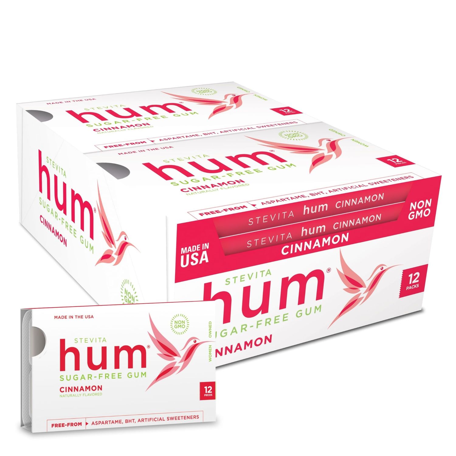Stevita Hum, Cinnamon - Sugar-Free Gum - 12 Pieces, Pack of 12 - Supports Oral Health -, Non-GMO, Vegetarian, Keto, Gluten Free - 72 Total Servings