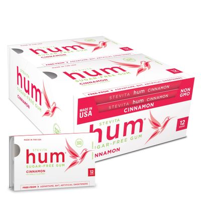 Stevita Hum, Cinnamon - Sugar-Free Gum - 12 Pieces, Pack of 12 - Supports Oral Health -, Non-GMO, Vegetarian, Keto, Gluten Free - 72 Total Servings