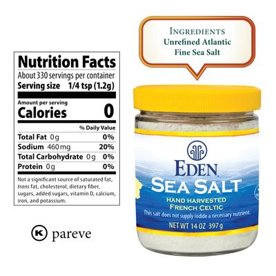 Eden Sea Salt, Hand Harvested French Celtic, Stone Ground (Fine), Trace Minerals, Unrefined, Glass Jar, 14 oz
