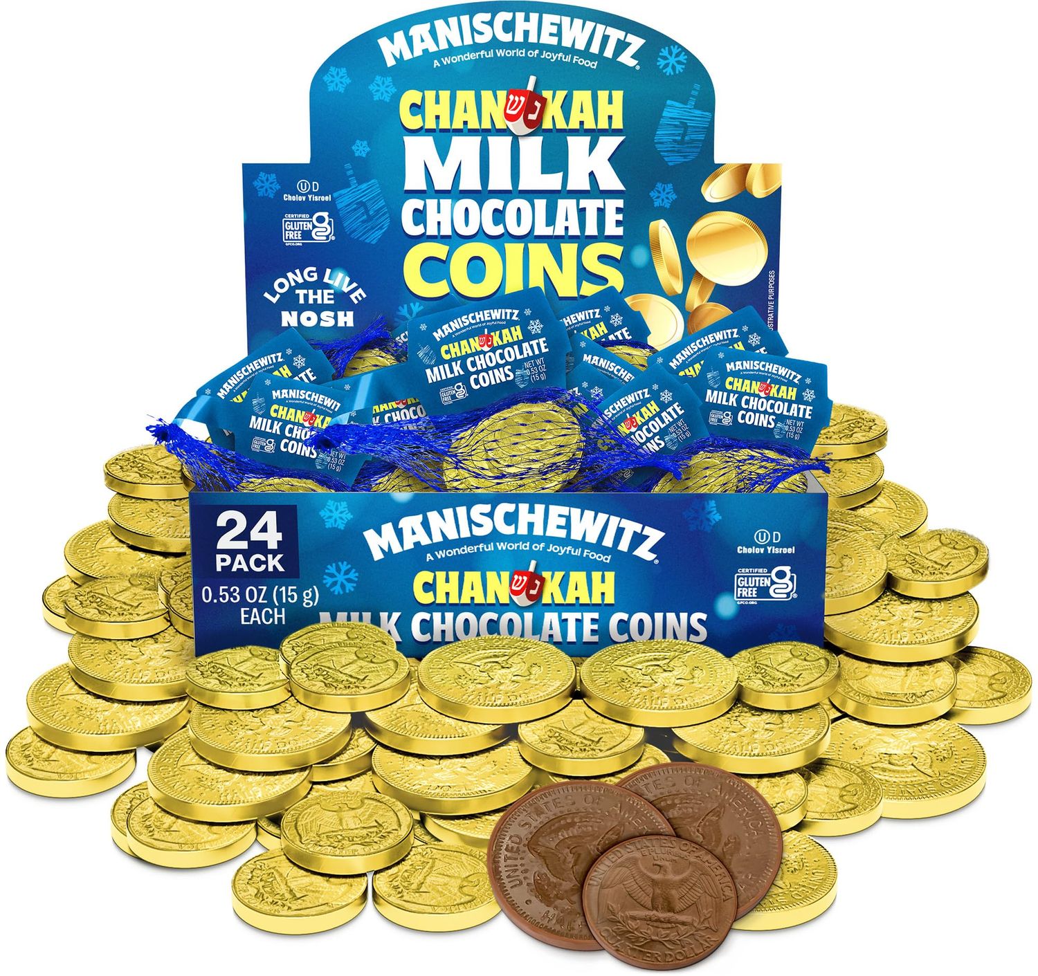 Manischewitz Gold Milk Chocolate Coins, Hanukkah Gelt (24 Mesh Bags) Individually Wrapped Chanukah Coins | Gluten Free | Kosher (Cholov Yisroel) | Holiday Coins | Assorted Sizes
