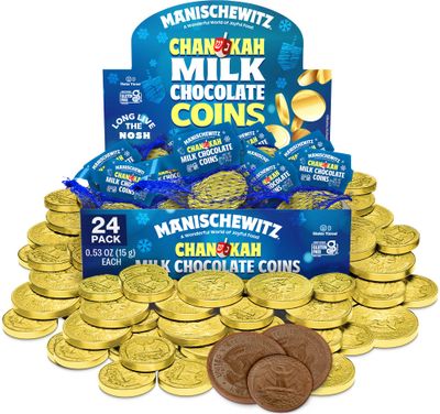 Manischewitz Gold Milk Chocolate Coins, Hanukkah Gelt (24 Mesh Bags) Individually Wrapped Chanukah Coins | Gluten Free | Kosher (Cholov Yisroel) | Holiday Coins | Assorted Sizes