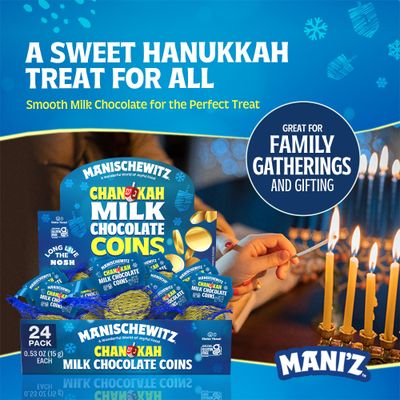 Manischewitz Gold Milk Chocolate Coins, Hanukkah Gelt (24 Mesh Bags) Individually Wrapped Chanukah Coins | Gluten Free | Kosher (Cholov Yisroel) | Holiday Coins | Assorted Sizes