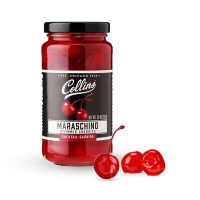 Collins Stemmed Maraschino Cocktail Cherries - Royal Anne Cherries Garnish for Cocktails, Manhattan and Old Fashioned Mix, 10oz Black