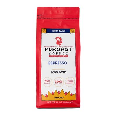 Puroast Low Acid Coffee Espresso | Espresso Ground | Dark Roast Roast | High Antioxidants &amp; High pH |No Bitter Aftertaste | Reduced Heartburn &amp; GERD | Suitable for Cold Brew - 2.2 LB