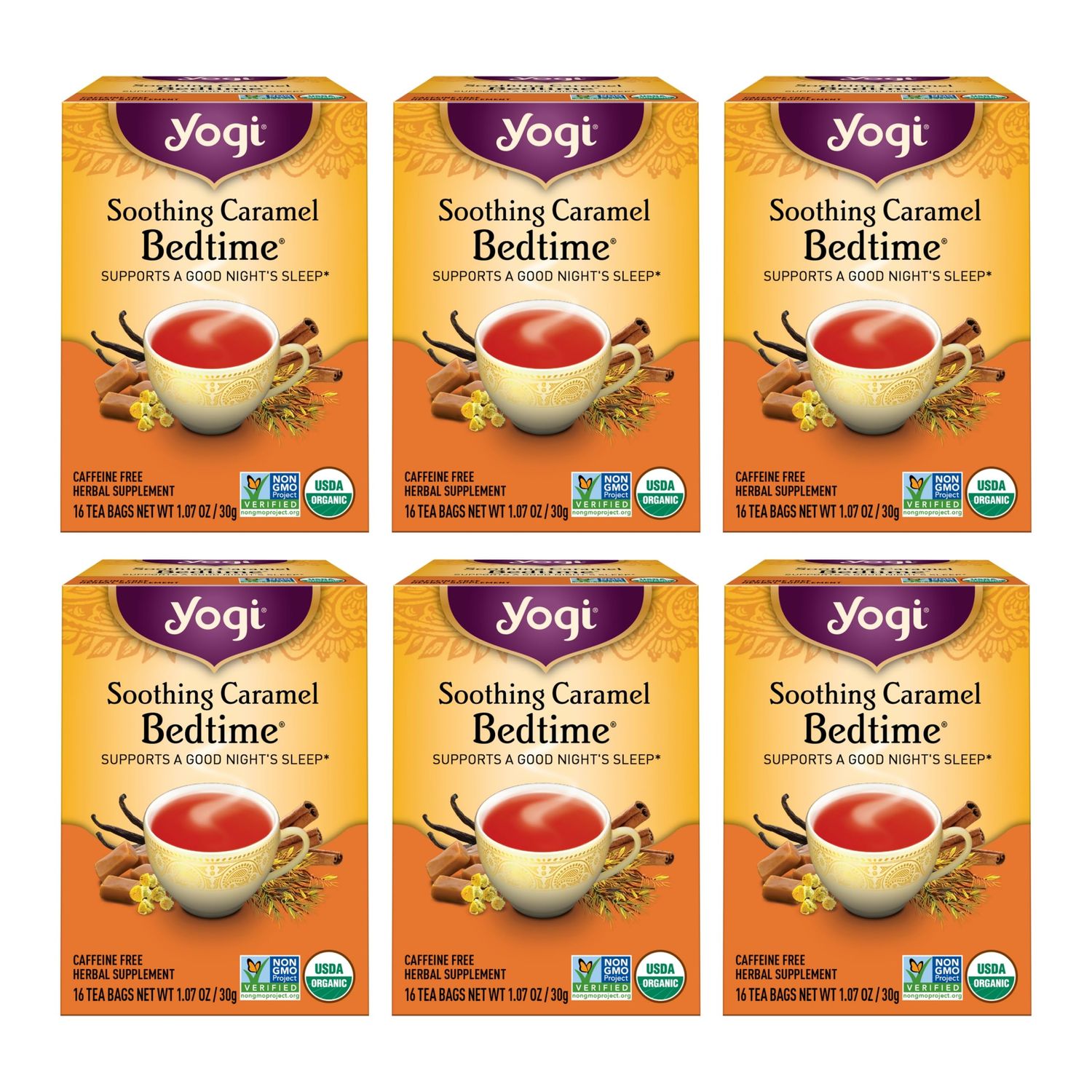 Yogi Tea Soothing Caramel Bedtime Tea - 16 Tea Bags per Pack (6 Packs) - Calming Sleep Tea - Supports Good Sleep - Includes Chamomile Flower, Rooibos Leaf, Roasted Chicory Root &amp; More