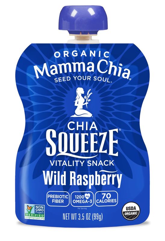 Mamma Chia Organic Vitality Squeeze Snack, Wild Raspberry, USDA Organic, Non-GMO, Vegan, Gluten Free, and Kosher. Fruit and Vegetables with only 70 Calories. 3.5 Ounce (Pack of 8)