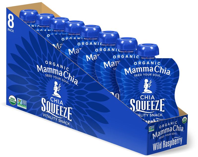 Mamma Chia Organic Vitality Squeeze Snack, Wild Raspberry, USDA Organic, Non-GMO, Vegan, Gluten Free, and Kosher. Fruit and Vegetables with only 70 Calories. 3.5 Ounce (Pack of 8)