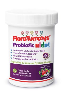 FloraTummys Kids Chewable Probiotic Prebiotics: Non-Dairy, Gluten &amp; Sugar-Free, Peanut &amp; Soy Free, Non-GMO, Tested &amp; Free of Food Allergens, Vegan, Kosher, Berry Flavor(1 Bottle)