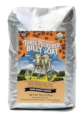Raven&#39;s Brew Coffee Three Peckered Billy Goat, 12 Ounce - Dark Roast - Full Body with a Long Sweet Finish (Organic Whole Bean, 5 Lb)