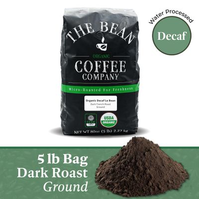 The Bean Organic Coffee Company Water Processed DECAF Le Bean, Dark French Roast, Ground Coffee, 5-Pound Bag, Caf Molido Tostado Orgnico descafeinado