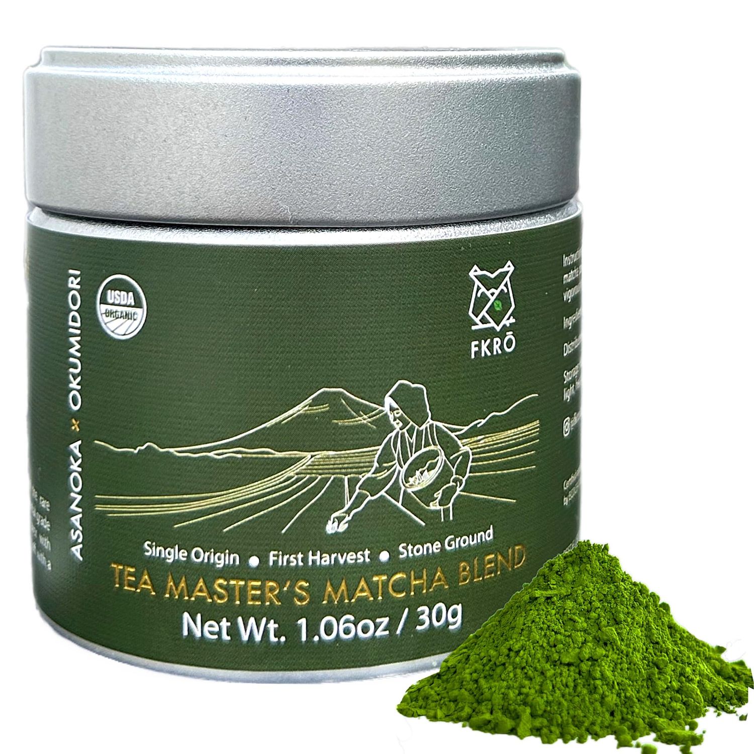 FKRO Organic Tea Master&#39;s Ceremonial Grade Japanese Matcha Green Tea Powder. 1st Harvest, Single Origin, Sugar-free. Flown in Fresh from Japan Every Month (30g/1.06oz) Tin
