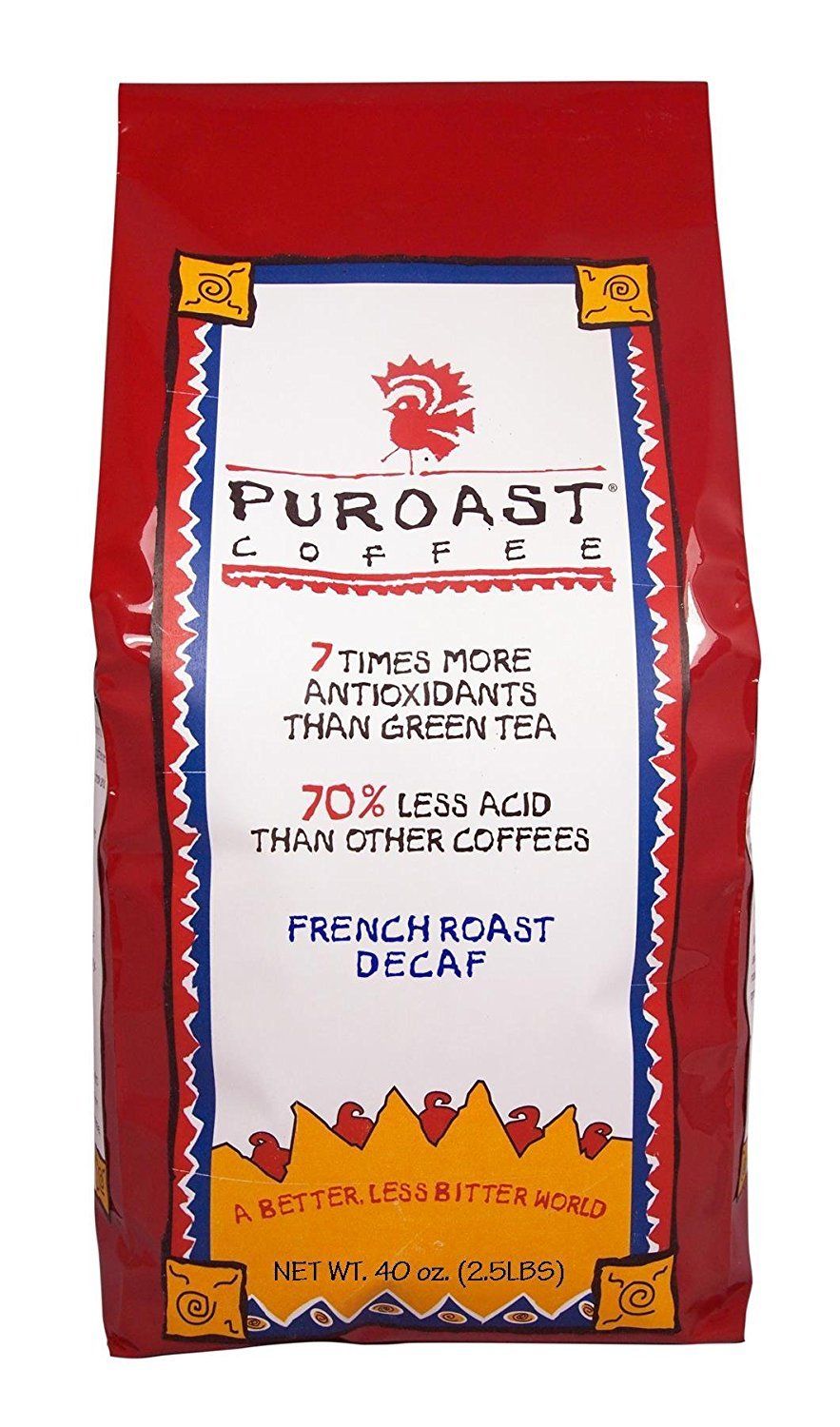 Puroast Low Acid Coffee Decaf Whole Bean | Decaf French Roast Whole Bean | Dark Roast | High Antioxidants &amp; High pH |No Bitter Aftertaste | Reduced Heartburn &amp; GERD | Suitable for Cold Brew - 2.2 LB