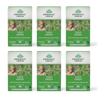 Organic India Tulsi Green Tea Bags - Holy Basil Tea, African Basil, Stress Relieving, Immune Support, USDA Certified Organic, Premium Darjeeling Green Tea, Caffeinated - 18 Infusion Bags, 6 Pack