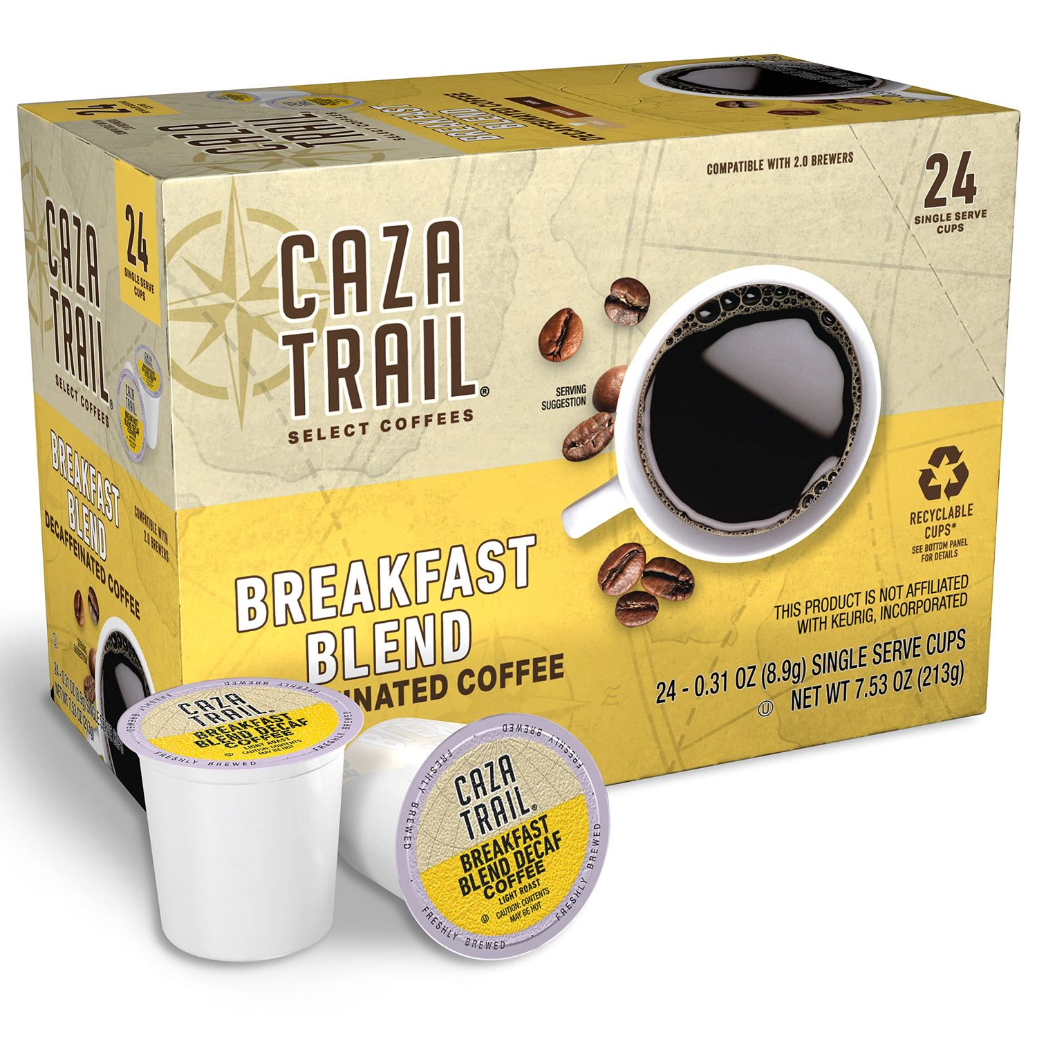 Caza Trail Coffee Pods, Decaf Breakfast Blend, Single Serve (Pack of 24) (Packaging May Vary)