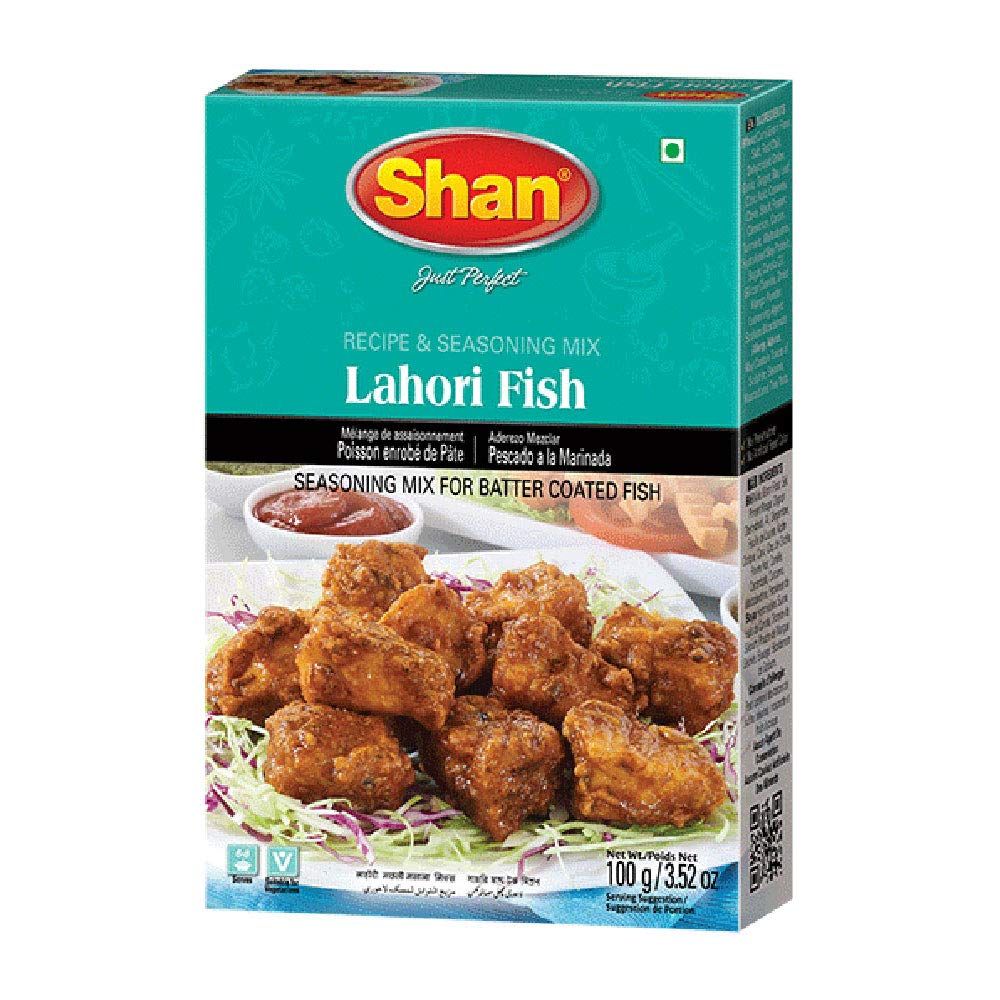Shan Lahori Fish Recipe and Seasoning Mix 3.5 oz (100g) - Spice Powder for Batter Coated Fried Fish - Suitable for Vegetarians - Airtight Bag in a Box