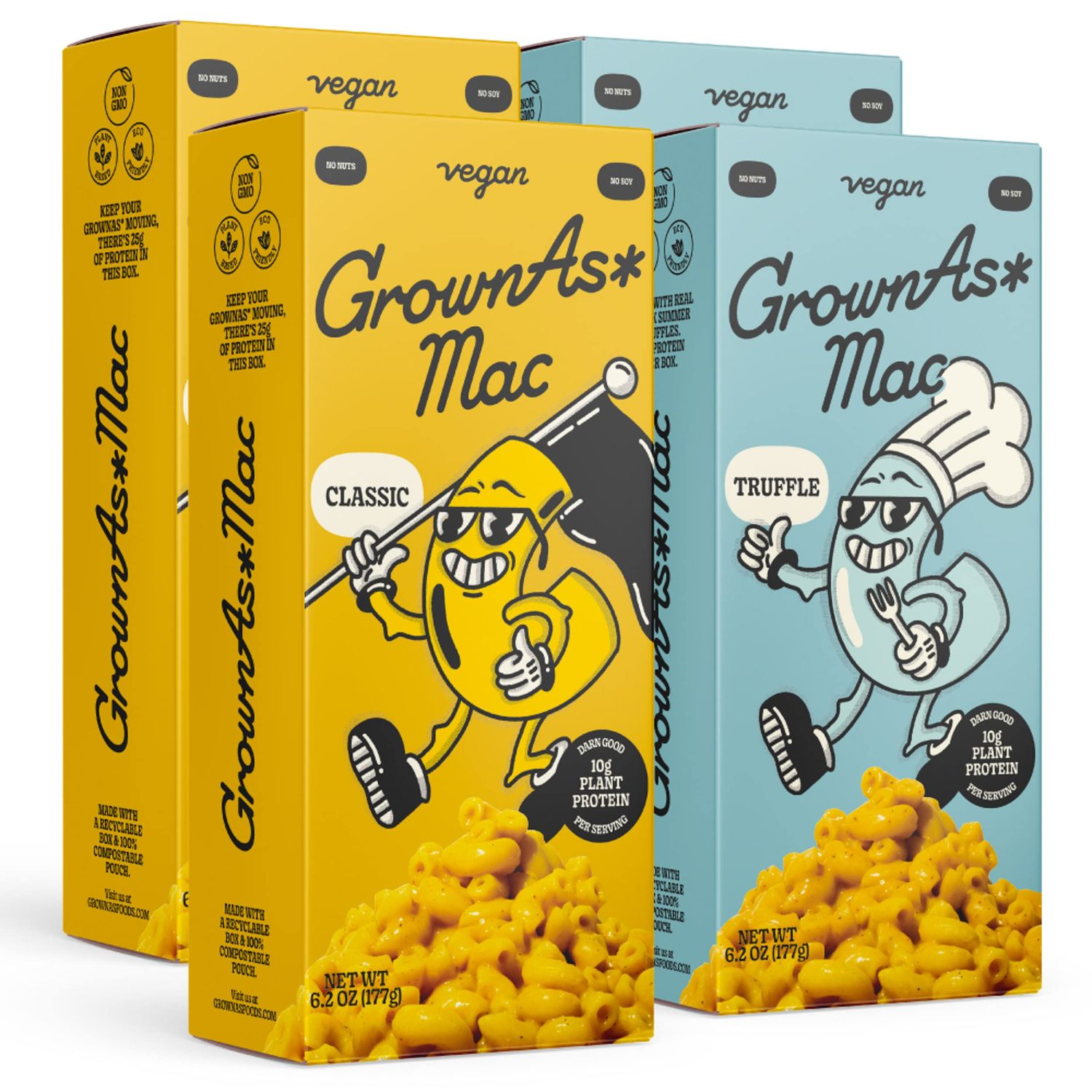 GrownAs Vegan Mac &amp; Cheese, Variety 4 Pack, 25g of Protein per Pack - Classic &amp; Real Truffle Flavor, Dairy Free, High Protein Snack, Easy to Prepare, Vegan, Non-GMO, Delicious Meal or Snack