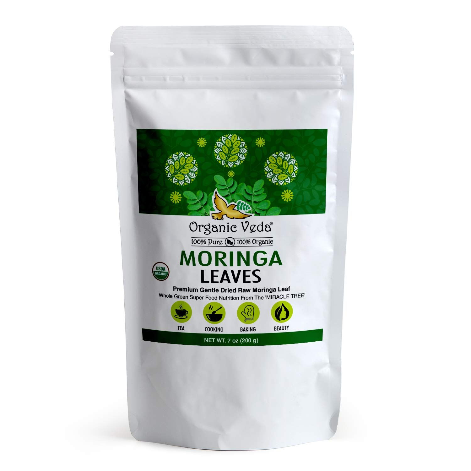 Organic Veda Moringa Tea Leaves - 100% Organic Moringa Dried Leaves - Moringa Oleifera Loose Leaf for Herbal Tea - Antioxidants Rich, Naturally Boosts Energy, Supports Digestion &amp; Immune System - 7oz