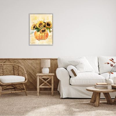 Stupell Industries Give Thanks Phrase Orange Pumpkin Sunflower Floral Burst Grey Framed Wall Art, 24 x 30, Yellow