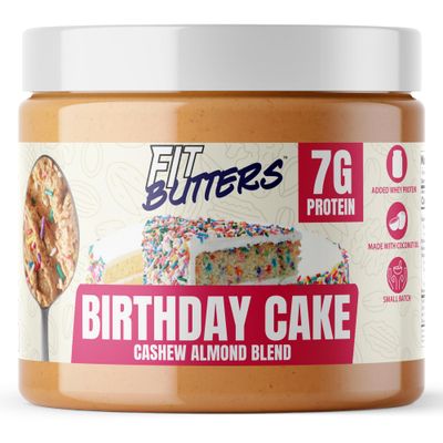 Fit Butters Birthday Cake Cashew Almond Butter Spread - Added Protein and Coconut Oil, Low Carb, Low Sugar, Gluten Free, Complete Protein Dessert Flavored Nut Butter