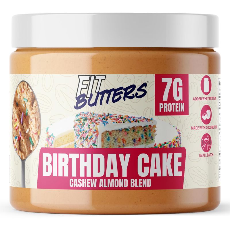 Fit Butters Birthday Cake Cashew Almond Butter Spread - Added Protein and Coconut Oil, Low Carb, Low Sugar, Gluten Free, Complete Protein Dessert Flavored Nut Butter