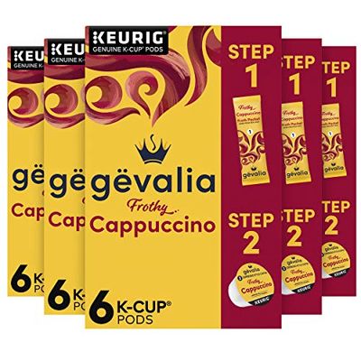 Gevalia Frothy 2-Step Cappuccino Espresso K Cup Coffee Pods &amp; Froth Packets Kit (36 ct Pack, 6 Boxes of 6 Pods with Packets)