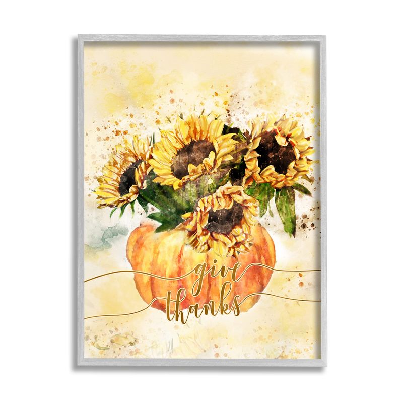 Stupell Industries Give Thanks Phrase Orange Pumpkin Sunflower Floral Burst Grey Framed Wall Art, 24 x 30, Yellow