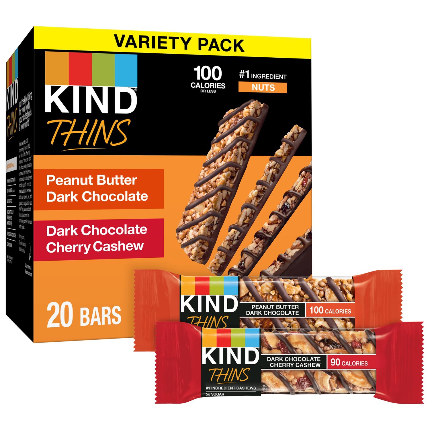 KIND Thins Snack Bars, 2 Flavor Variety Pack, Gluten Free, 100 Calorie, 60 Count, Peanut Butter Dark Chocolate &amp; Dark Chocolate Cherry Cashew