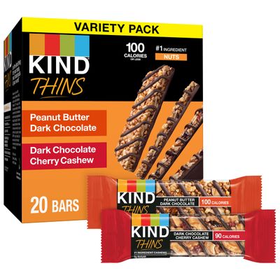 KIND Thins Snack Bars, 2 Flavor Variety Pack, Gluten Free, 100 Calorie, 60 Count, Peanut Butter Dark Chocolate &amp; Dark Chocolate Cherry Cashew