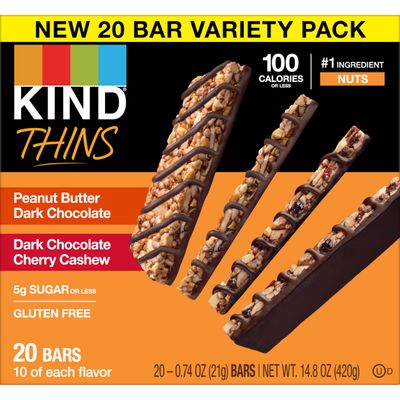 KIND Thins Snack Bars, 2 Flavor Variety Pack, Gluten Free, 100 Calorie, 60 Count, Peanut Butter Dark Chocolate &amp; Dark Chocolate Cherry Cashew