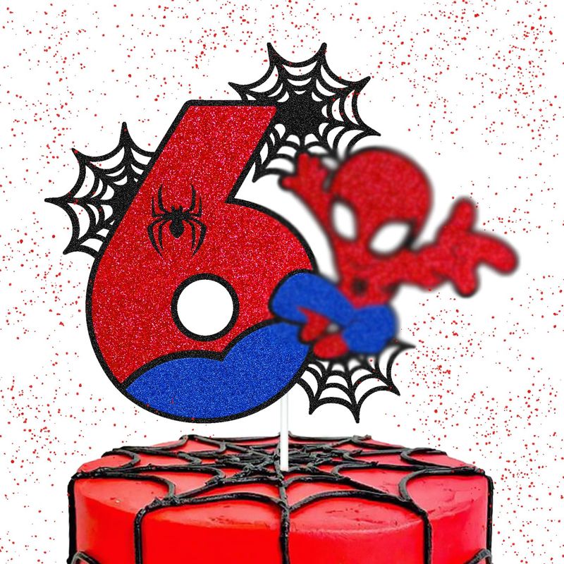 Spider 6th Birthday Cake Topper Spider Cartoon Movie Themed Happy 6s Birthday Cake Decorations for Men Boy Children Six Bday Party Supplies Double Sided Glitter Black Dcor