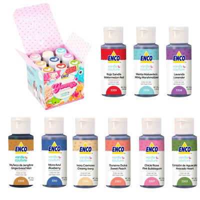 ENCO Yummy Collection 9 Food Coloring Gel Set 1.41 oz each (40 g) Concentrated, Vegan, includes Cookie Decoration Guide (Presentation may vary)