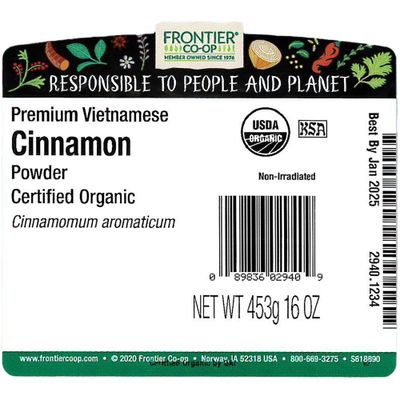 Frontier Organic Ground Vietnamese Cinnamon, 1-Pound Bulk, Premium Quality Cinnamon, Full Balanced Spicy Flavor, Kosher