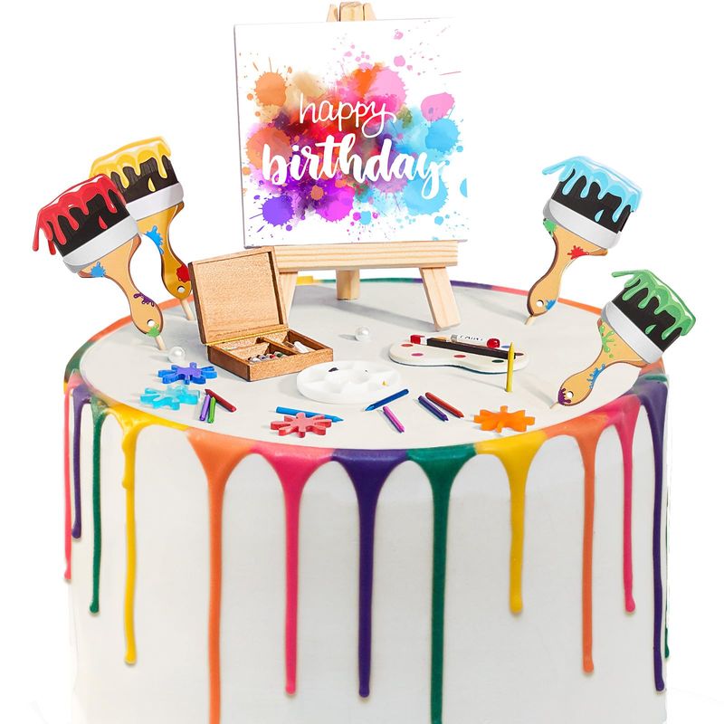 Taiyin Art Cake Decorations Paint Brush Cupcake Toppers Art Paint Cake Topper Artboard Palette Cake Topper Artist Themed Cake Decor for Birthday Party Supplies (Cute,41 Pcs)