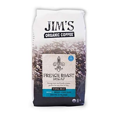 Jims Organic Coffee - French Roast Decaf - Dark Roast, Whole Bean, 11 oz Bag