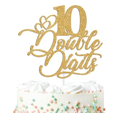 Double Digits 10 Cake Topper,Out Single Digits, Hello 10, Cheers to 10 Years, Happy 10th Birthday Party Decorations Supplies, Gold Glitter