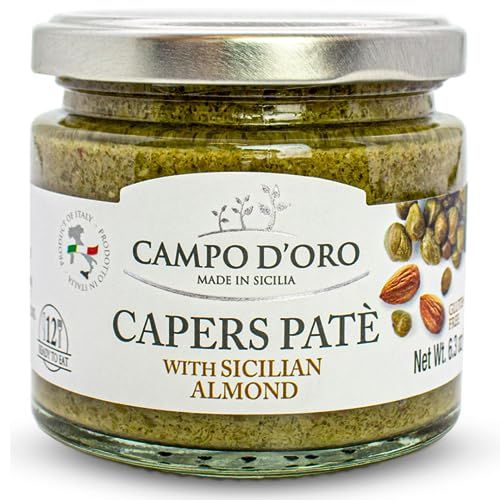 Caper Pat Spread or Dip, 6.34 oz 180g. Spreadable Caper &amp; Almond Puree, Sandwich Spread, Non-GMO, Product of Italy, Campo D&#39;Oro