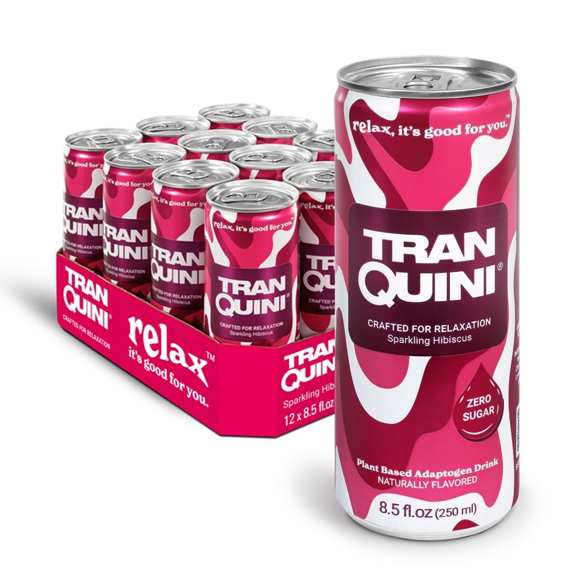 Tranquini Adaptogen Drink, Sparkling Water, Ashwagandha, Gluten &amp; Sugar Free, Calming Non Alcoholic Drinks with L Theanine, Lemon Balm &amp; Chamomile for Stress Support - Hibiscus, 8.5 Fl Oz (Pack of 12)