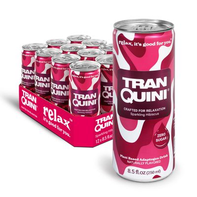 Tranquini Adaptogen Drink, Sparkling Water, Ashwagandha, Gluten &amp; Sugar Free, Calming Non Alcoholic Drinks with L Theanine, Lemon Balm &amp; Chamomile for Stress Support - Hibiscus, 8.5 Fl Oz (Pack of 12)