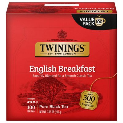 Twinings English Breakfast Black Tea Individually Wrapped Bags, 100 Count (Pack of 1), Smooth, Flavourful, and Robust, Caffeinated, Enjoy Hot or Iced | Packaging May Vary